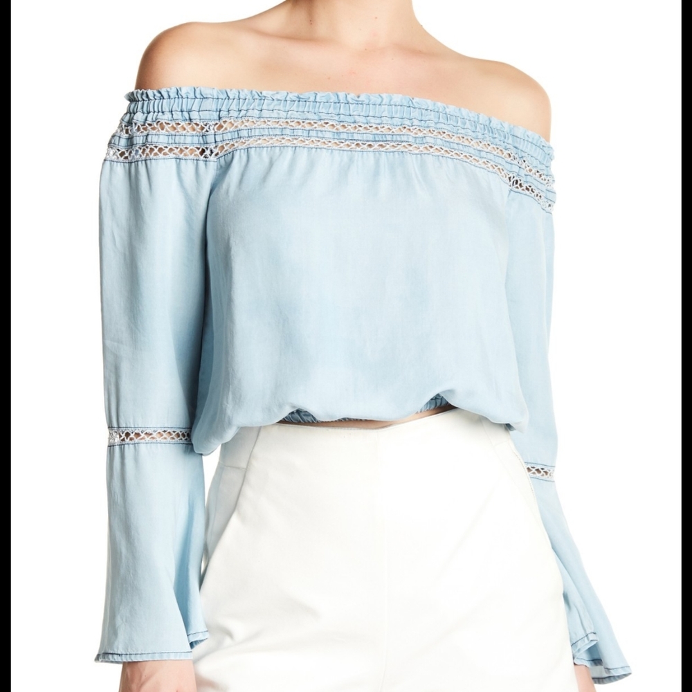 Walter Baker Milan off shoulder crop L NWT denim